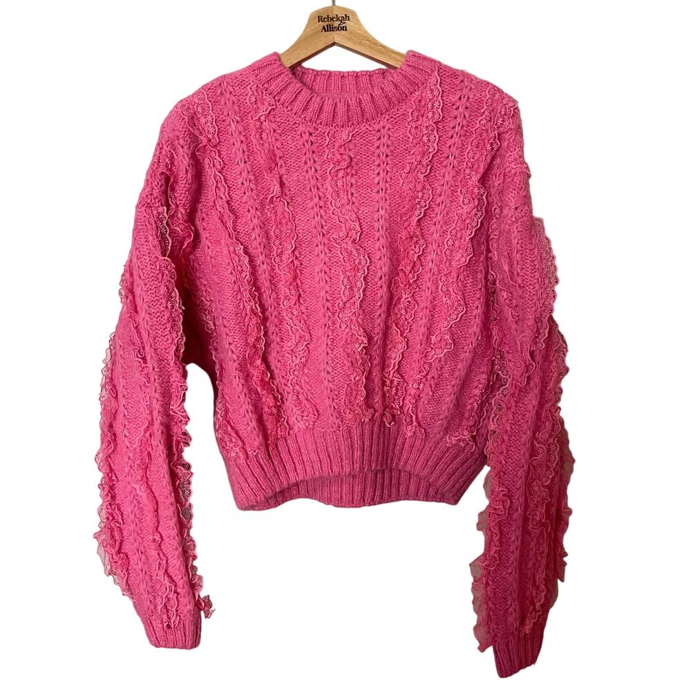 Zara Pink Ruffled & Lace Chunky Knit Sweater SZ Medium Girly Coquette Preppy - Picture 3 of 15